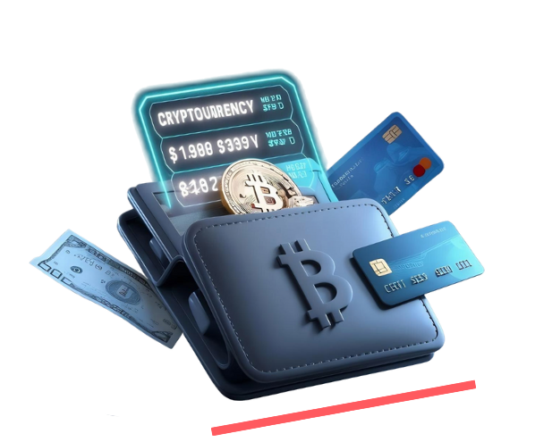 محفظة بيتكوين رقمية تحتوي على بطاقات ائتمان، عملات رقمية، وشاشة تعرض أسعار العملات الرقمية